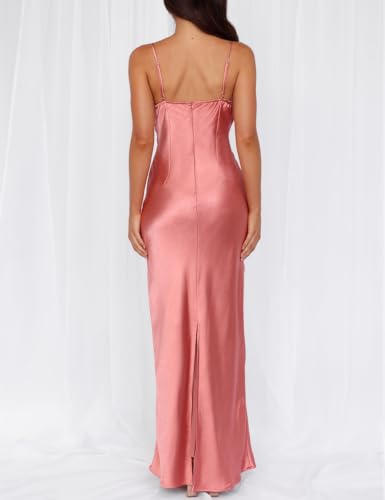 Image of Formal Satin Silk Spaghetti Strap Maxi Dresses for Women Wedding Guest