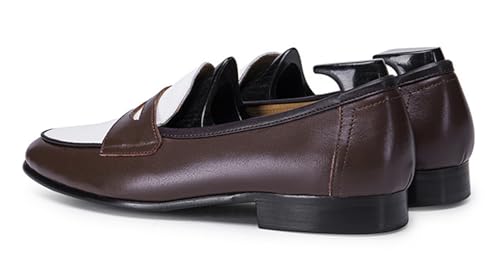 Santimon Mens Penny Loafers Slip On Causal Dress Shoes Fashion Modern Genuine Leather Two Tone Suit Shoes Prom Wedding Business MocasinesTuxedo Shoes for Men4