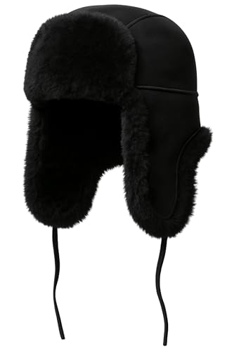 Image of Leather Aviator Shearling Ushanka Trapper Hat Russian Sheepskin Cap Real Fur Winter Hat with Ear Flaps for Men Women