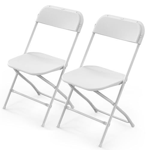VINGLI White Plastic Folding Chairs Set of 2 Heavy-Duty Commercial Seats with Steel Frame 350 lb Capacity for Indoor & Outdoor Events Office Wedding Party & Dining (2 White S)