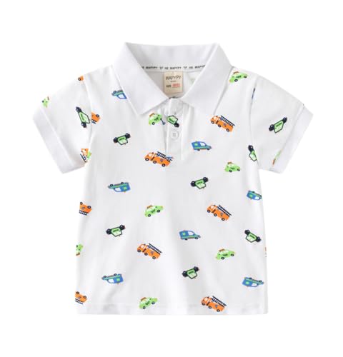 Meufam Toddler Baby Fashion Printed T-Shirts Lapel Button Little Kids Polo Shirt Short Sleeve Slim Fit Cartoon Print Top (White,130/5-6 Y,Unisex,Big Kid,US,Age,5 Years,6 Years)