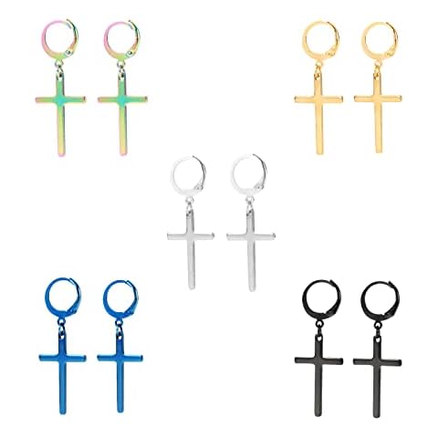 Bo Win 5 Pairs Stainless Steel Titanium Silver Cross Earrings for Men Women Girls Boys Small Huggie Dangle Hinged Hoop Earrings Set Black Gold Pierced Sleeper Hypoallergenic Cover