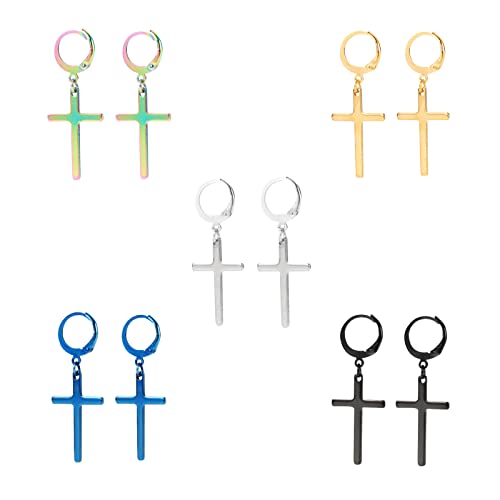 Bo Win 5 Pares Titanio Acero Inoxidable Pendientes de Cruz para Hombre Mujer Niña Unisex Pendientes de Aros Oro Plata Negro Pendientes Colgantes Pendientes Oreja Piercing Pequeños Hipoalergenicos Cover