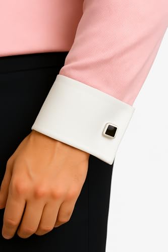 Image of Men's Premium Cotton Formal Dress Shirt - White Collar & French Cuffs with Cufflinks | Solid White, Micro Check & Striped for Office, Wedding