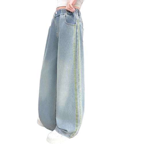 Tween Girls Baggy Jeans, Trendy Green Snake Embroidery Trim Denim Pants for Kids- Elastic Waisted Streetwear Pants3