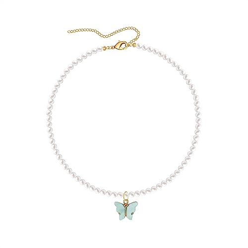 Fashion Colorful Butterfly Necklace for Women,Simple Charm White Pearl Choker Necklace Jewelry Gifts (Blue)