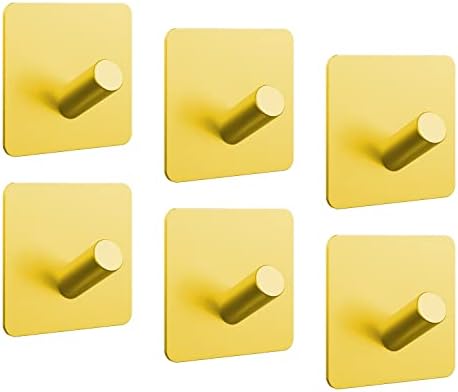 PMMASTO Adhesive Hooks Shower Hooks Heavy Duty Hooks Waterproof Aluminum, Sticky Hooks for Hanging Hat Towel Coat Robe - Bathroom, Bedroom, RV & Kitchen - 6 PC（Gold）