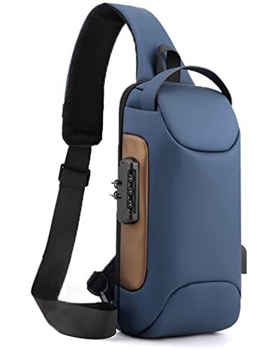 Geanbun Sling Bag Anti-Theft USB Crossbody Backpack Waterproof Chest Daypack Lightweight Shoulder Bag (Blue and Brown)