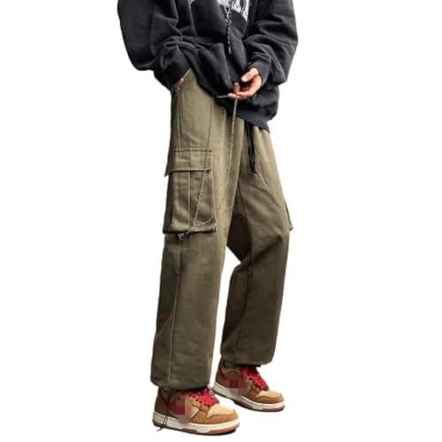 Men's Cargo Pants with Chain Goth Relax Fit Sport Joggers Cotton Cargo Sweatpants Trousers Long Pants (Green,S)