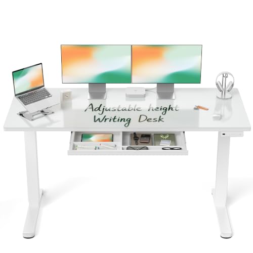 BANTI 55x24 inchs Electric Glass Standing Desk with Drawer - Height Adjustable One-Piece Tempered Top Sit Stand Workstation with Memory Keypad for Home Office
