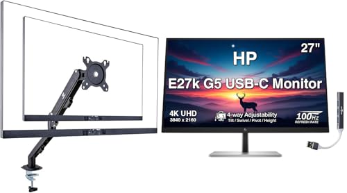 Image of HP E27k G5 27 inch 4K UHD IPS USB-C Monitor with 5ms Response Time, Anti Glare, Flicker Free, VESA Mount (100mm), Displayport, HDMI, Black /Silver Color(6N4C4AA#ABA) w /DKZ Hub & ErgoFlexy Single Mount Arm