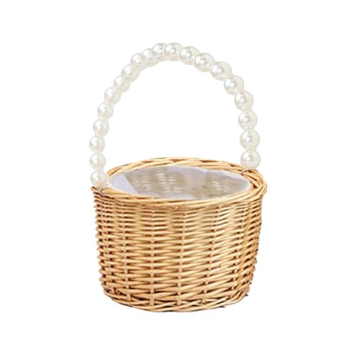 MINGZHE Pearl Handle Flower Girl Basket,Flower Girl Bag Pearl Flower Girl Basket Wicker Rattan Flower Girl Basket for Wedding Ceremony Home Decor(A-S)