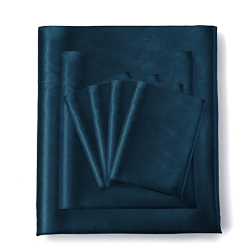 Manyshofu 7Pcs Navy Satin Sheets California King Silky Satin Bed Sheets Set, Luxurious & Soft Satin Bedding Set - 1 Satin Fitted Sheet, 1 Satin Flat Sheet, 4 Satin Pillowcases + 1 Body Pillow Case #TOP7