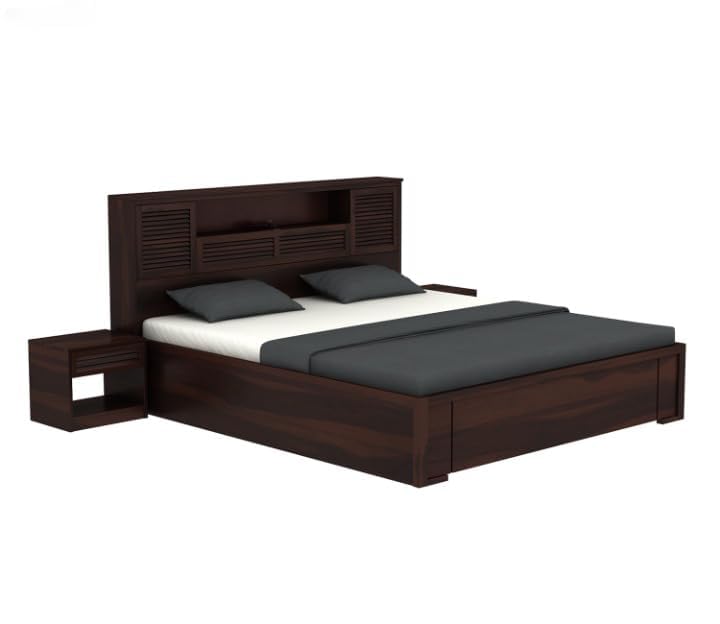Image of Solid Wood Bed with Storage | Modern Wooden Bed with Slatted Headboard | Strong & Durable Bed Frame for Bedroom Home & Hotel (Walnut Finish, King)
