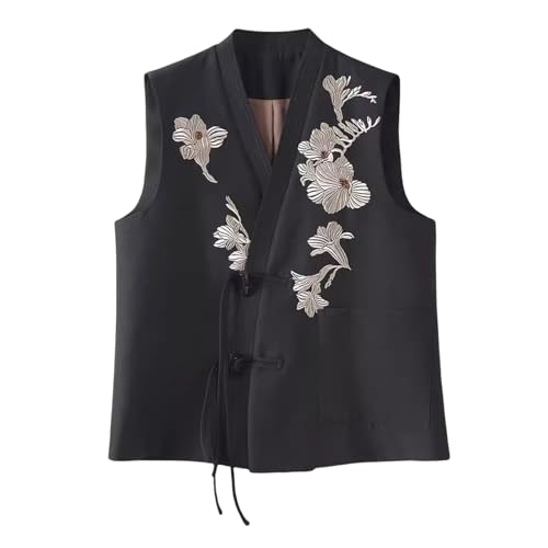 Gilet sans manches noir brodé col V style chinois pour femme