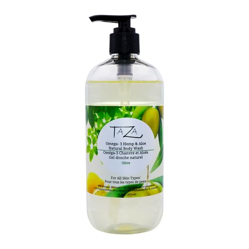 Taza Premium Natural Omega-3 Hemp & Aloe Olive Body Wash, 16 fl oz (473 ml) Soft Smooth Skin Contains Omega-3 Hemp Seed Oil, Aloe Seed Juice, Chamomile Flower, White Willow Bark Extract, Glycerin