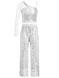 IEFIEL Conjunto Lentejuelas de Baile Hip Hop para Niñas Crop Top de Un Hombro Manga Larga y Pantalones de Rectos con Cintura Elástica Traje de Danza Gimnasia 5-16 Años Plateado 11-12 años