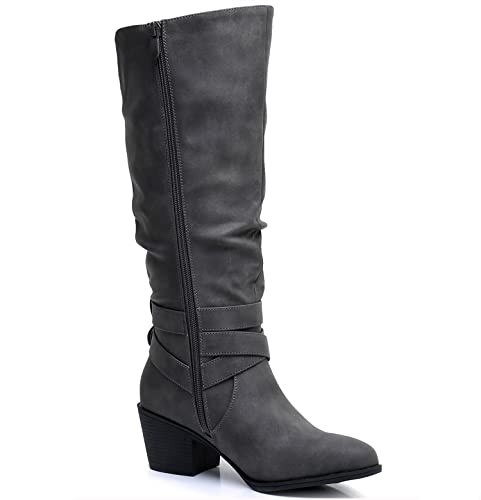 Image of GLOBALWIN Women's Knee High Cowboy Boots - Minimalist Western Round Toe Cowgirl Boots with Comfortable Block Heel, Plain Sleek Design, Tall Dress Boots for Women
