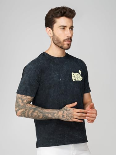 Image of crazymonk Men's Cotton Printed Pink Floyd Acid Wash Oversized Black T-Shirt