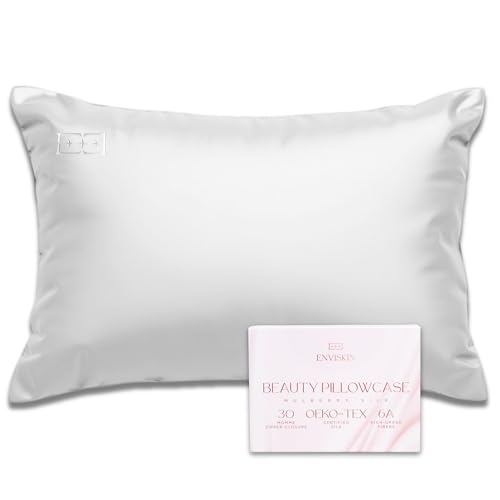 Image of 100% Mulberry Silk Pillowcase Infused with Silver Ions - Pure 30 Momme Grade 6A Fibers for Beautiful Skin and Hair - Cooling Pillow Case Protector with Zipper (Standard) Silver Color