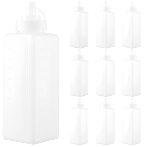 MAKTSAM 10 botellas de plástico de 32 onzas/1000 ml, botella recargable para condimentos con boquilla y medidas, botellas de salsa transparentes para salsas, ensalada de ketchup