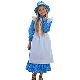 ガールズ コロニアル ハロウィン ドレス フローラル プレーリー パイオニア 長袖ドレス 帽子付き エプロン 1800年代 巡礼者ドレス, ブルー, 6-7 Years