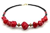 Longitud 49 cm Collar de Coral Rojo y Onice Negro, Joyas Artesanales de Piedras Naturales, Estilo Contemporaneo, Regalo para Mujer