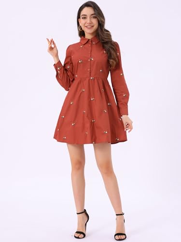 Image of Allegra K Women's Shirt Dress A Line Embroidered Floral Mini Dresses | Casual, Collar, Long Sleeve, Button Down, Half Placket, Invisible Zipper, Knee Length