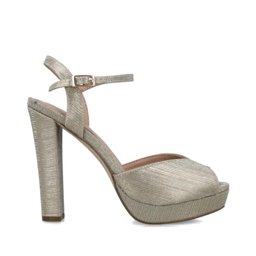 MENBUR 24160 Sandalias elegantes para mujer con plataforma 2 cm, plata u oro, tacón alto 12 cm, correa en el tobillo, dorado, 36 EU