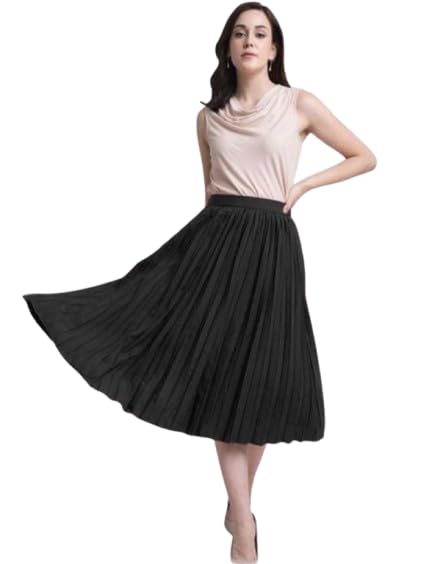 Pleated Midi Skirt for Women, A-Line Style, Forest Green, Elastic Waist-image-9