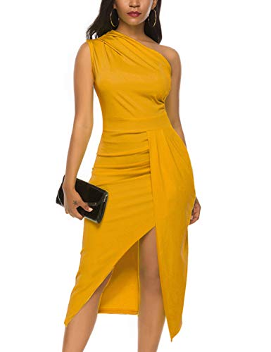 Nature Comfy Womens Elegant one Shoulder Sleeveless Ruched High Slit Solid Color Cocktail Party Dresses