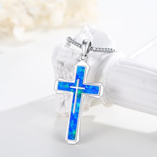 Blue Opal Cross Necklace for Men 925 Sterling Silver Cross Pendant Blue Opal Christian Necklace Religious Jewelry Gifts for Amulet Talisman2