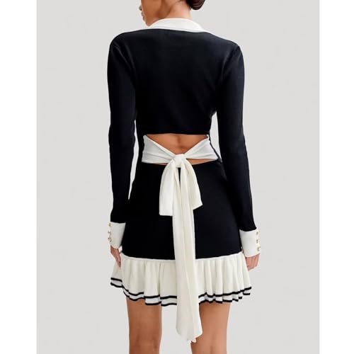 Sheface Women's Long Sleeve Ruffle Hem Knit Sweater Dress Collared Back Tie Knot Cut Out Mini Bodycon Dress2