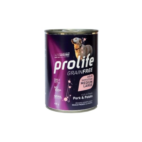 Prolife Umido Cane Adult Medium Large Sensitive Grainfree 400gr, alimento completo senza cereali per cani Adulti di tutte le taglie, gusto MAIALE e PATATE | 6 scatolette da 400 grammi l’una