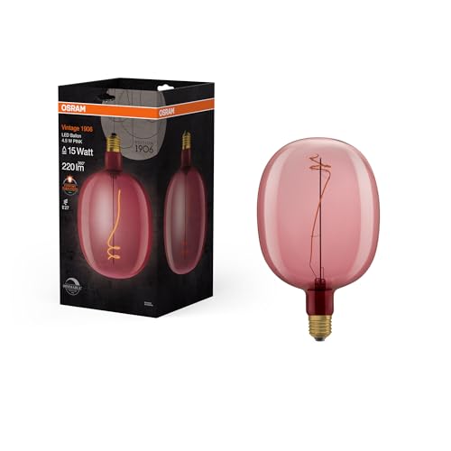 Osram Lamps Vintage 1906 LED-Lampe mit pinker Tönung, 4,5W, 220lm, Ballon-Form mit 170mm Durchmesser & E27-Sockel, warmweiße Lichtfarbe, dimmbares Filament, bis zu 15.000 Stunden Lebensdauer