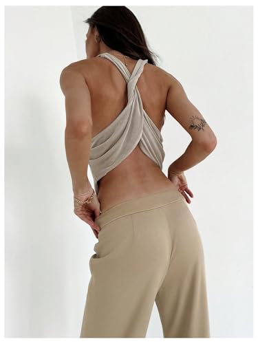 Milumia Women's Draped Front Halter Top Sexy Criss Cross Back Asymmetrical Hem Sleeveless Tank Tops3