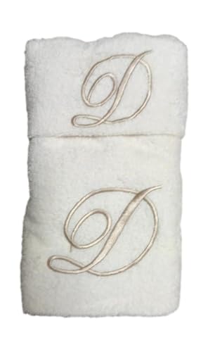Ricami Fiorentini Baldi Set Asciugamani Con Iniziale, Spugna Di Cotone 100% 400 Gr/Mq, 2 Pezzi: Viso+ Ospite. Idea Regalo. (Lettera D) Beige