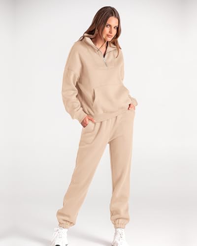 BTFBM Women 2 Piece Tracksuits Fall Winter 1/4 Zip Sweatshirt Jogger Pants Matching Lounge Sets Thick Sweatsuits Pockets2