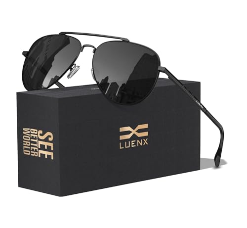 LUENX Aviator Sunglasses for Men Womens Polarized Driving Shades Black Lens Black Metal...