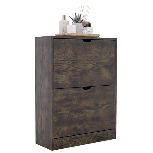Vida Designs 2 Drawer Shoe Cabinet, Space Saving Slim Shoe Storage Cupboard with 2 Flip Drawers, Hallway and Living Room Furniture FSC 100 certified (Dark Wood)