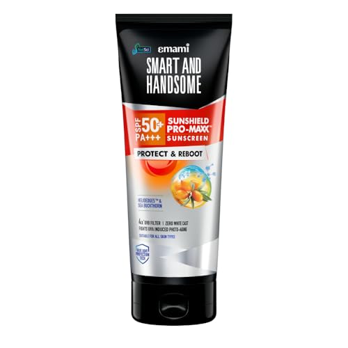 Smart And Handsome Sunshield Promaxx Sunscreen, Spf 50+ Pa+++, Protect & Reboot, 50g, Sea Buckthorn Extract + Helioedge5™ Technology, Zero White Cast,