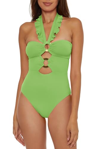 [Soluna Swim] s[X Buckle Up One Piece Bandeau Swimsuit With Cut Out Neckline and Removable Cups, Bathing Suits for Women fB