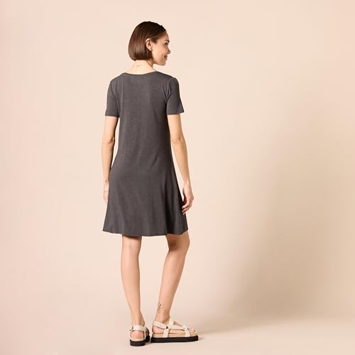 Image of Amazon Essentials Women's Regular Short-Sleeve V-Neck Mini A-line Swing T-shirt Dress, Charcoal Heather, Medium