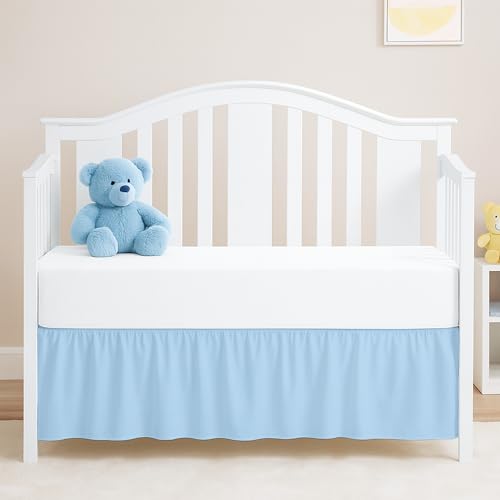 Image of Light Blue Crib Bed Skirt, Perfect for Nursery Crib for Boys & Girls with a 14" Drop and Size 28"x 52"