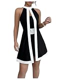 SOLY HUX Women's Color Block Halter Romper Split Front Sleeveless Elegant Short Jumpsuits Black and White Large