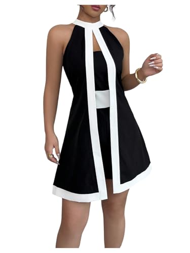 SOLY HUX Women's Color Block Halter Romper Split Front Sleeveless Elegant Short Jumpsuits Black and White Large