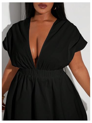 Image of WDIRARA Women's Plus Size Deep V Neck Bubble Dress Short Sleeve A Line Mini Dresses