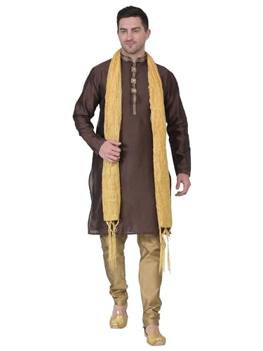 Image of ITOS365 Men's Tunic Art Silk Kurta Pajama and Scarf Suit Set Indian Clothing Wedding Party Dress Gifts Items