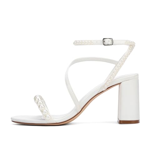 Women's Pearl Embellished Ankle Strap Sandals, Block Heel, White Satin, Wedding Party Shoes,3.3 Inches2