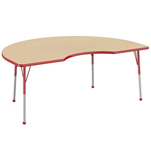 Image of FDP Kidney Activity School and Office Table (48 x 72 inch), Standard Legs with Ball Glides for Collaborative Seating Environments, Adjustable Height 19-30 inches - Maple Top and Red Edge
